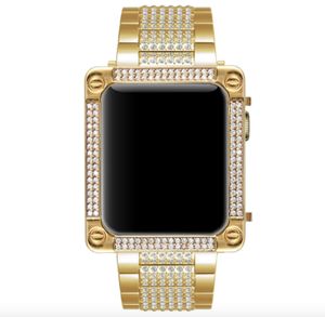 Correa de reloj dorada con diamantes brillantes y brillantes de 38 mm y 42 mm + caja con bisel de diamantes dorados para Apple Watch S1/S2/S3 (juego 2 en 1)