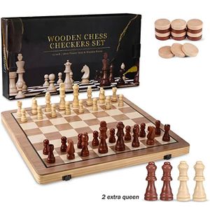 Jeu de dames d'échecs en bois de 39 cm 2 en 1 espace de rangement intérieur pliable échiquier Extra Queens jeux de voyage à domicile cadeaux parfaits 240102