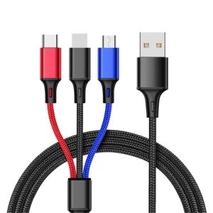 Cable de carga 3A IOS Tipo C Micro USB 3 en 1 Cargador para iPhone Samsung Xiaomi Huawei Teléfono Tableta Todos los dispositivos Cargador rápido Cable de carga de tela trenzada Línea