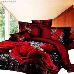 3D Big Red Rose Floral Literie Ensembles De Mariage Doux Housse De Couette Feuille Cas Ensemble De Lit 4 Pcs Ensemble Reine Linge De Lit L230704