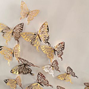 Autocollants muraux papillon 3D ajourés, or Rose, argent, pour la maison, la chambre, le bureau, décorations de fête d'anniversaire et de mariage