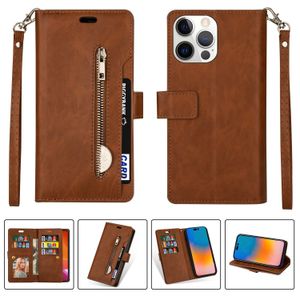 Flip Fundas de cuero para teléfono celular con soporte para ranura para tarjeta Correa para la muñeca para iPhone 11 12 13 14 Pro Max Xr Xs 7 8 Plus Bolsillo con cremallera magnética Monedero Monedero