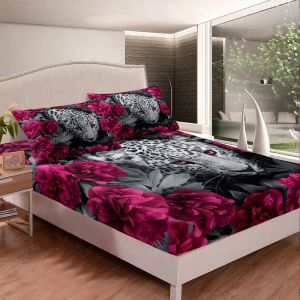 Feuilles ajustées 3d guépard rose rose léopard à imprimé draps de lit pour femmes fleurs romantiques sets de literie african animaux safari jumeaux