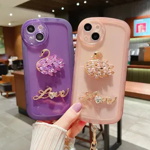 3D DIY Creative Special Gift Present Phone Cases Bling Strass Lovely Swan Housse de protection en silicone avec sangle pour iPhone 14 13 12 11 Pro Max XR XS Max 8 7 6S Plus