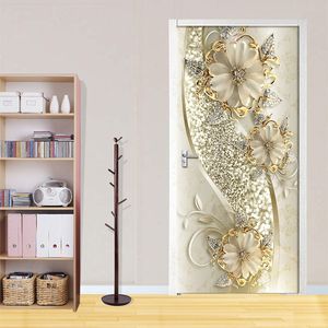 Pegatina de puerta 3D, papel tapiz artístico con flores en relieve dorado, póster de PVC, autoadhesivo, calcomanía extraíble para el hogar, 220716
