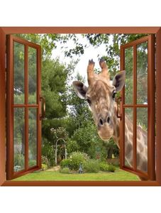 Fenêtre d'effet 3D Vue curieuse girafe collant sa tête dans la fenêtre Fake Windows Stickers muraux amovibles de décalage mural amovible 2012032192269