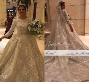 Vestidos de novia con bola de champán y flores en 3D, mangas largas musulmanas, espalda abierta, vestido de novia de talla grande, Fotos reales 2023