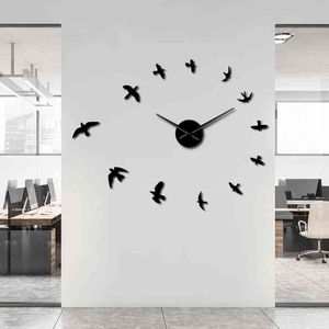 3D Fly Birds Espejo Reloj de pared grande Pegatina Animal Sin marco DIY Reloj gigante Reloj de diseño moderno enorme Reloj Decoración para el hogar G220422