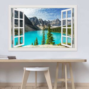 Pegatina de pared de bosque 3D naturaleza montaña lago ventana vista paisaje papel pintado calcomanías pegatinas extraíbles para sala de estar decoración del hogar 210705
