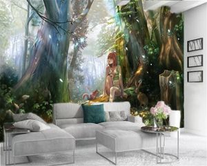 3d maison papier peint fantaisie forêt fille et écureuil intérieur TV fond décoration murale papier peint Mural