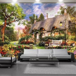 Papel tapiz con revestimiento de paredes de paisaje 3d, paisaje romántico de casa de paja en el interior del bosque de fantasía, decoración del hogar, pintura, Mural, fondos de pantalla