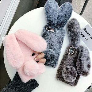 3D Lovely Bunny Rabbit Hair Plush Fuzzy Fluffy Soft Big Ear Cases para IPhone 12 mini 11 Pro X XS MAX XR 8 7 6 6s Plus Funda para teléfono Kawaii