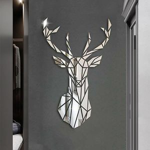 Pegatinas de pared de espejo 3D, pegatina de espejo de cabeza de ciervo acrílico de estilo nórdico, Mural extraíble para decoración de pared de salón DIY para el hogar