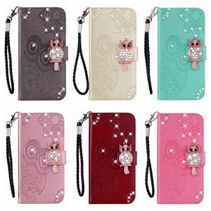 Étuis portefeuille en cuir de hibou 3D pour iPhone 15 14 Pro Max 13 12 11 X XR XS 8 Samsung S23 FE A05 A05S A15 A25 Bling Diamond Flower Lace Cute Slot Flip Cover Night Bird Holder Pouch