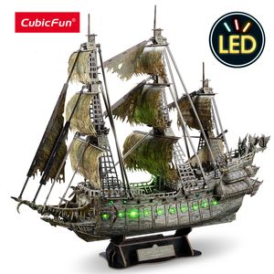 3D Puzzles CubicFun 3D Puzzles Green LED Flying Dutchman Pirate Ship Model 360 Pieces Kits Lighting Building Ghost Sailboat Gifts for Adult 230516