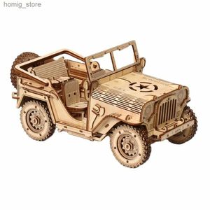 Puzzles 3D Puzzles DIY Off-Road Car Wood Puzzle Toys Child Classic Jeep Building Bloc Scale Construction pour adultes 3D WW2 Véhicule militaire Y240415