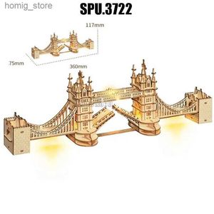 Rompecabezas 3D (sin caja) Mundo Gran Arquitectura Londres Tower Bridge Light Diy Corte láser Corte de madera Kits de construcción de madera de madera Toy Y240415
