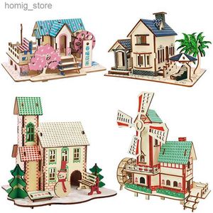 Puzzles 3D Small House Villa 3d Construction en bois Puzzles Modèle de construction Wood Jigsaw Diy Educational Assemblé Toys for Children Kids Y240415