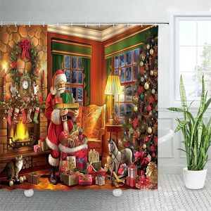 3D Retro Christmas Shower Cortinas Set Red Santa Claus Christmas Tree Cute Cat Holiday Decor Baño Tela Cortina de baño con ganchos 211116