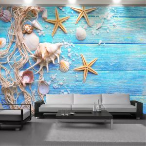 3D Seascape Papier peint mural Papiers muraux Bleu Boîte de bois Starfish Coquille intérieur Décoration Salon Chambre à coucher Peinture Fonds d'écran