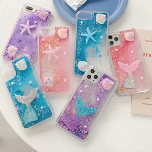 3D Starfish Shell Tail Pearl Quicksand Cases pour iPhone 15 Plus 14 Pro Max 13 12 11 XR XS 8 7 Bling Heart Love Glitter Sparkle Flottant Clear Liquid Soft TPU Phone Cover