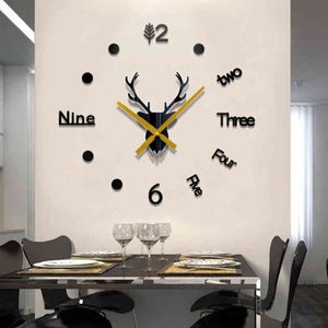 3D horloge murale miroir Stickers muraux tête de cerf créatif bricolage grande horloge murale montre à Quartz Art décalcomanie autocollant salon décor à la maison H1230