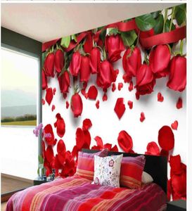 Papier peint mural 3d, magnifique amour romantique, pétale de fleur de rose rouge, mur de fond de télévision, nature 3d, fonds d'écran 1895503