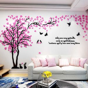 Autocollant mural 3D arbre d'amour avec des décalcomanies de lapin d'oiseau pour mur salon décoration acrylique stickers muraux TV fond d'écran 210705