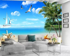 Papel tapiz 3d para cocina Papel tapiz 3d Sala de estar Isla de coco verde Barco de vela Hermoso paisaje Sala de estar Fondo Papel tapiz de pared
