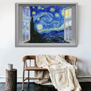 Pinturas de lienzo de noche estrellada de Windows 3d Van Gogh Impressionist Starry Night Canvas Fotografías para sala de estar Cuadros