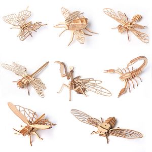 Venta al por mayor, 8 Uds., juego de rompecabezas de insectos de madera 3D, modelo de montaje de esqueleto de animales de insectos, juguetes artesanales DIY para niños, regalos para adultos