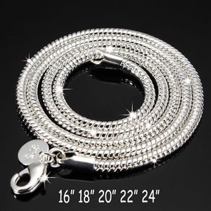 Collier serpent en argent sterling 925 de 3 mm, 16, 18, 20, 22, 24 pouces, fermoir mousqueton en argent massif, chaînes pour femmes, bijoux 263d