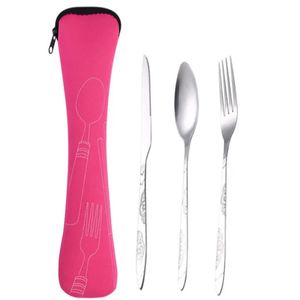 3 unids / lote Cuchillo Tenedor Cuchara Juego de Cubiertos Vajilla Cena Almuerzo Set Bolsas Imprimir Talla Cubiertos de Acero Inoxidable Escuela Picnic Camping Herramienta para Comer Al Por Mayor