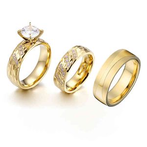 Juego de 3 uds de anillos de boda de compromiso de lujo para parejas, hombres y mujeres, alianza de Color dorado, regalo de aniversario de matrimonio
