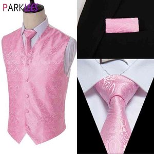 3 piezas Paisley Jacquard Pink Vest Set (Corbata + Bolsillo cuadrado + Chaleco) Slim Fit Fiesta Boda Traje formal Chalecos Chaleco Hombre 210522