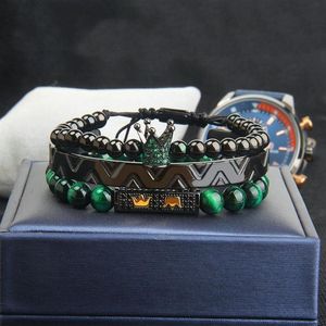 3 pièces ensemble couronne Bracelet pour hommes vert CZ couronne tressage Bracelet mode en acier inoxydable manchette bijoux 226T