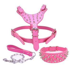 3pcsset Spiked Studded Soft Leather Dog Harness Collar Cadena Walking Training 201030