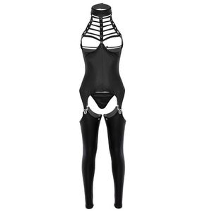 3pcs femmes ouvert entrejambe lingerie ensemble licou cou buste soutien-gorge sans entrejambe en cuir verni érotique sexy costume cosplay body tenue soutiens-gorge S247q