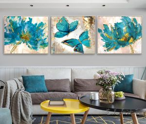 Juego de 3 unidades de lienzo abstracto moderno, arte de pared, flor azul y mariposa alada, pintura decorativa para pared, lienzo de flores, Poster5744660