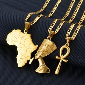 Colliers avec pendentif carte de l'afrique Ankh Nefertiti, 3 pièces, or jaune 14 carats, bijoux ethniques pour fête d'anniversaire et de mariage, pour femmes et hommes