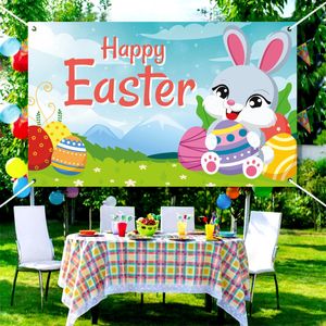 3x5FT Happy Easter Banner Telón de fondo Conejo de primavera Huevos coloridos Fondo verde Fotografía de conejito para decoración de fiesta de Pascua con cuatro ojales de latón