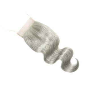 4x4 pouces 10 20 cheveux humains péruviens vague de corps brésilienne argent pur gris cheveux humains fermeture supérieure noeuds blanchis rapide