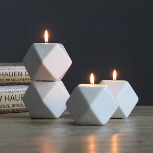 Moldes de portavelas de cerámica en 4 colores, candelabro de cerámica geométrico multilateral, adornos artesanales para el hogar, moldes de portavelas
