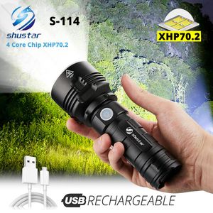 4 Core XHP70.2 LED lampe de poche étanche torche tactique camping chasse lumière 3 modes d'éclairage alimenté par 26650 batterie