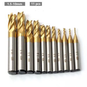 4 FLUTE MILL HSS Titanium End Mill Set 7/11 Pièces 1,5-1,0 mm CNC Filling Cutter for Wood Metal Steel Milling