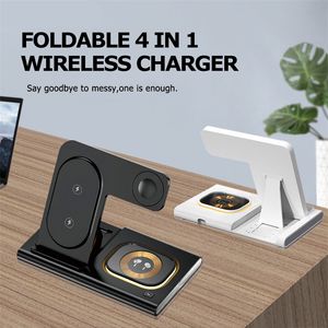 4 en 1 Padera de soporte de cargador inalámbrico para iPhone 15 14 13 12 Samsung S23 S22 Galaxy Watch 5 4 Buds Active Charging Dock Station con caja de venta minorista