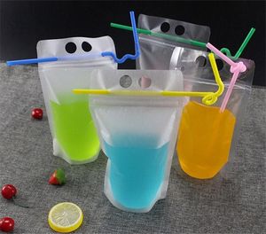 Bolsa de embalaje de bebida de plástico autosellada transparente de 500ml para bebida, jugo, leche, café, con asa y agujeros para pajita