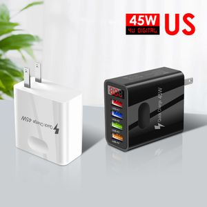 4 USB 45W Cargador de pared Cargo rápido 3.1A Adaptador de carga rápida Pantalla digital LCD Cargador de teléfono de EE. UU. Para iPhone 15 14 13 12 11 Pro Max Huawei Samsung Travel Home Teléfono inteligente