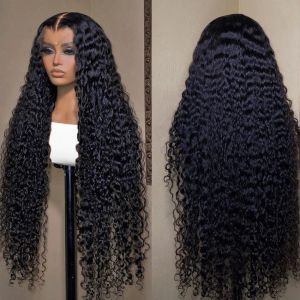 Pelucas de cabello humano con frente de encaje rizado de 40 pulgadas para mujeres negras peluca Frontal de onda profunda brasileña prearrancada peluca de encaje HD negra sintética
