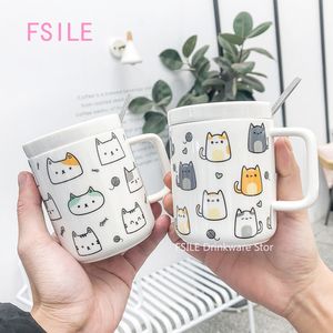 Taza de café de cerámica linda del gato lindo de 400 ml con la tapa de la cucharada del estudiante de la cucharada de la oficina de negocios Taza de consumición